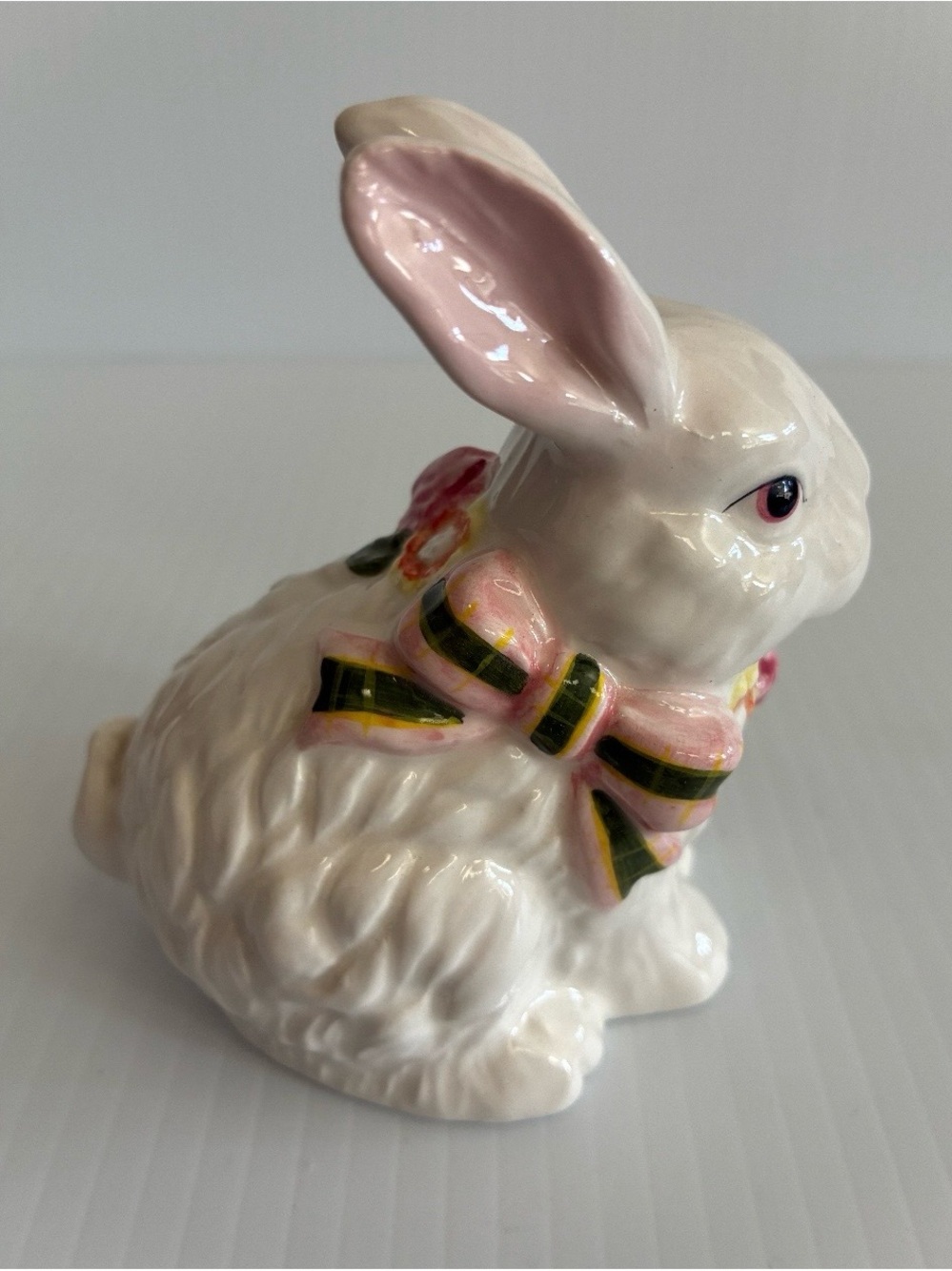 Y2K White Ceramic Bunny Pink Bow Floral Sitting Small Figurine Farmhouse Cottage